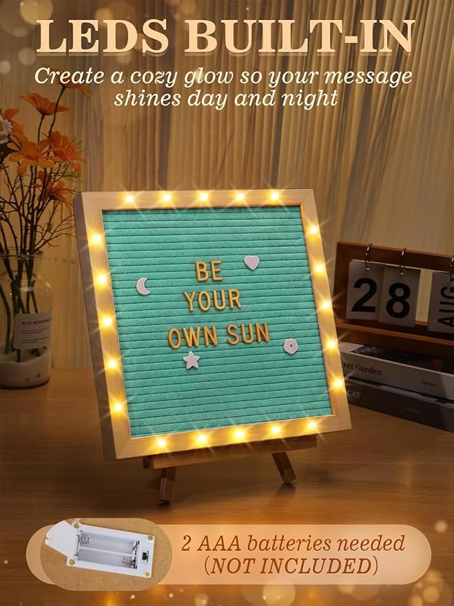 Changeable Felt Letter Board with LED Lights - 10×10" Message Custom Signs & Wood Stand & 450 Letters, Poster Board for Baby/Pregnancy Announcement/Classroom Wall Decor Gifts First Day of School, Blue