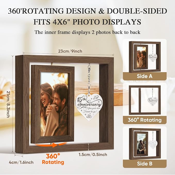 15 Year Anniversary Picture Frame Gifts for Him Her Couple Men Women Husband Wife, 15th Anniversary Wood Wedding Gifts Decorations, Fifteen Year Fifteenth Anniversary Personalized Gift