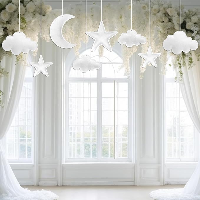Ayfjovs 8pcs 3D Hanging Cloud Set with Moon and Stars for Ceiling Decor, Felt Artificial Ceiling Clouds for Art Stage Wedding Nursery Children Room Party Baby Shower Cloud Props