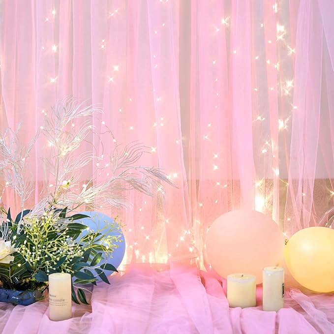 10ft×15ft Pink Tulle Backdrop Curtains with Lights String for Parites Pink Sheer Backdrop Curtains for Baby Shower Girls Birthday Party Wedding Bridal Shower Photo Shoot Background 2 Panels 5×15ft