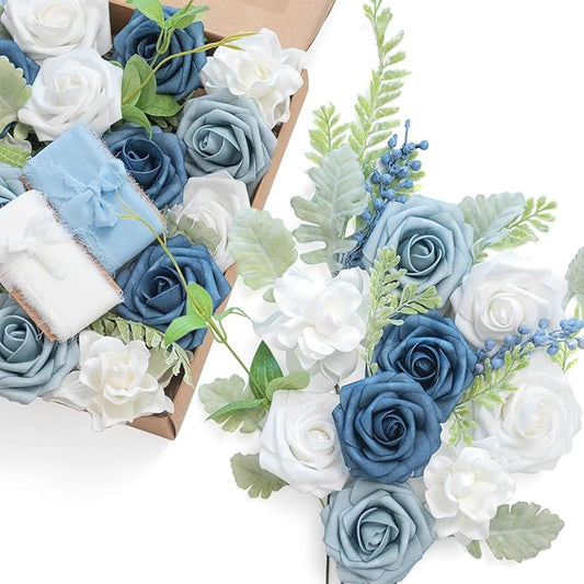 Ling's moment Fake Flowers Box, Faux Artificial Greenery Stems Foam Roses Gardenia Silk Fabic Flower for Centerpieces Bouquet Wedding Vase Floral Decorations, Dusty Blue & Navy & White, Grand Combo