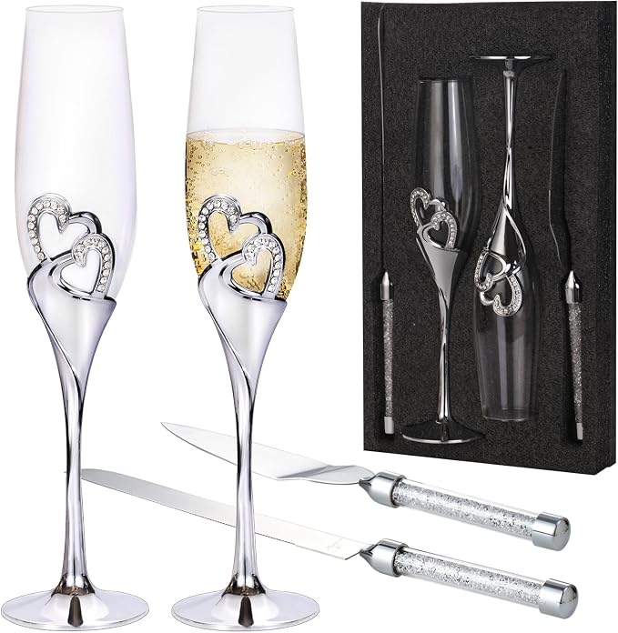 4 Piece Champagne Flutes and Cake Knife Server Set, Bride and Groom Toasting Flutes with Cake Cutting Set, Diamond Champagne Glasses Set for Wedding Reception Anniversary Party House Warming, Silver