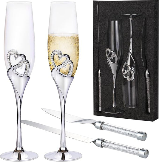 4 Piece Champagne Flutes and Cake Knife Server Set, Bride and Groom Toasting Flutes with Cake Cutting Set, Diamond Champagne Glasses Set for Wedding Reception Anniversary Party House Warming, Silver