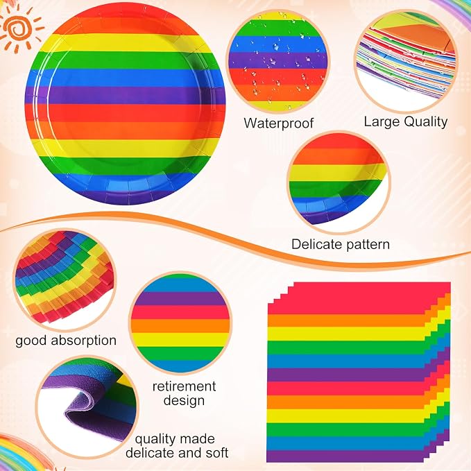 Funnymoom 452 Pcs 50 Guests Pride Party Supplies Decoration, Rainbow Pride Paper Plates Napkins Cups Tablecloth Cutlery Straws Gay Lgbt Disposable Tableware Sets for Rainbow Birthday Table Decoration