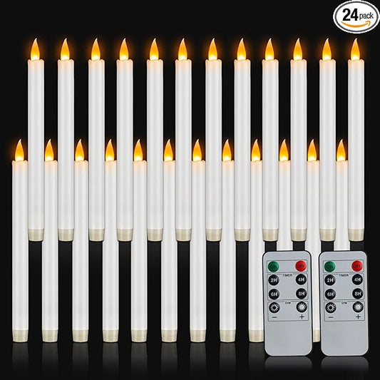 wemarry Flameless Taper Candles 10" Dripless Battery Operated Taper Candles Included Remote Timer 400+ Hours by 2AA Batteries for Halloween Christmas Wedding (White, 24 Pack)