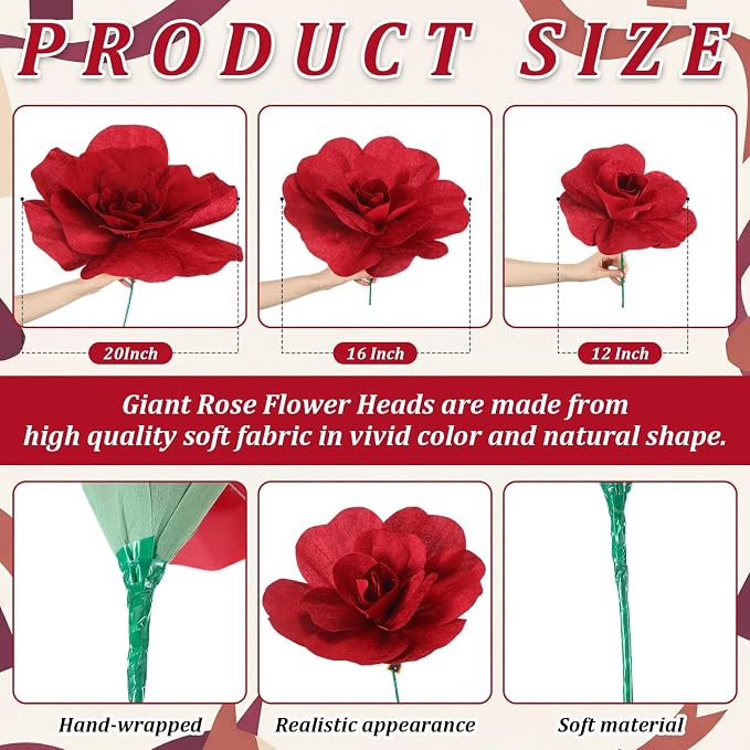 Norme 3 Pcs Artificial Giant Burgundy Velvet Run for The Rose 12, 16, 20 Inch Rose Petals Big Paper Flowers Giant Flower Decorations Large Burgundy Flowers for Valentine, Home Decor