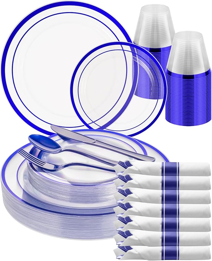 Goodluck 175 Pcs Clear Blue Disposable Plastic Plates Party Supplies | Plate Sets Include 50 Plastic Plates, 25 Pack Pre Rolled Napkins With Silverware, 25 Cups For Party, Wedding, Graduation