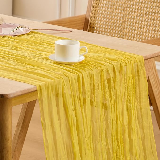 Yellow Spring Table Runner Boho Cheesecloth Table Runner 120 inches Crinkled Gauze Sheer Mother's Day Table Centerpieces for Wedding Ceremony Anniversary Bridal Baby Shower Banquet