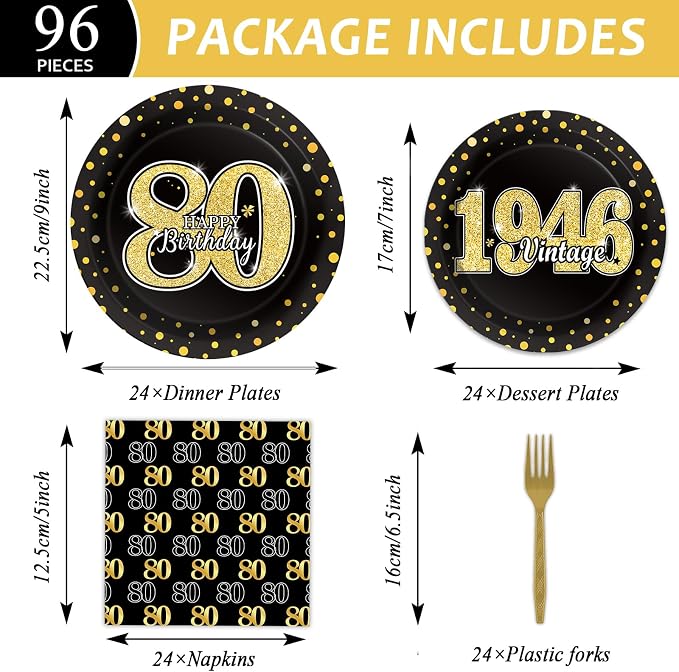 96PCS 80th Theme Birthday Party Tableware Vintage 1946 Party Supplies 80 Year Old Birthday Decorations Plates Napkins Forks Black and Gold Dinnerware Favors for Men or Women