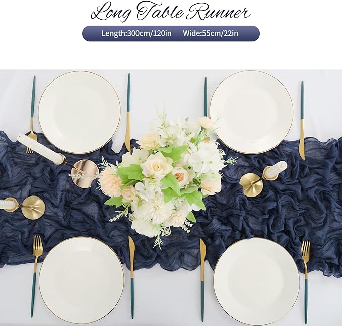 10 Pack Navy Blue Cheesecloth Table Runner 10FT Boho Romantic Gauze Table Runner 20 x 120 Inch Rustic Sheer Runner for Wedding Party Bridal Shower Thanksgiving Christmas Decoration
