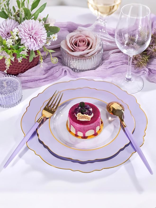 WDF 60pcs Clear Purple Plates Disposable with Gold Rim - Baroque Lavender Purple Plastic Plates for Party/Wedding/Spring Picnic/Mother's Day