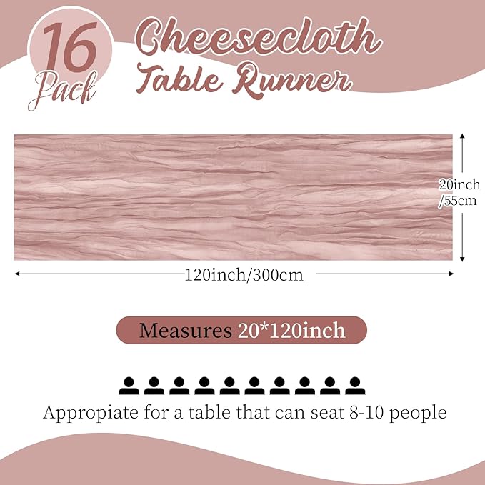 16 Pack Dusty Pink Cheesecloth Table Runners 20x120 Inch Gauze Table Runner Cheese Cloth 10FT Pink Table Runner Rustic Sheer Runner for Wedding Birthday Party Baby Shower Table Decor