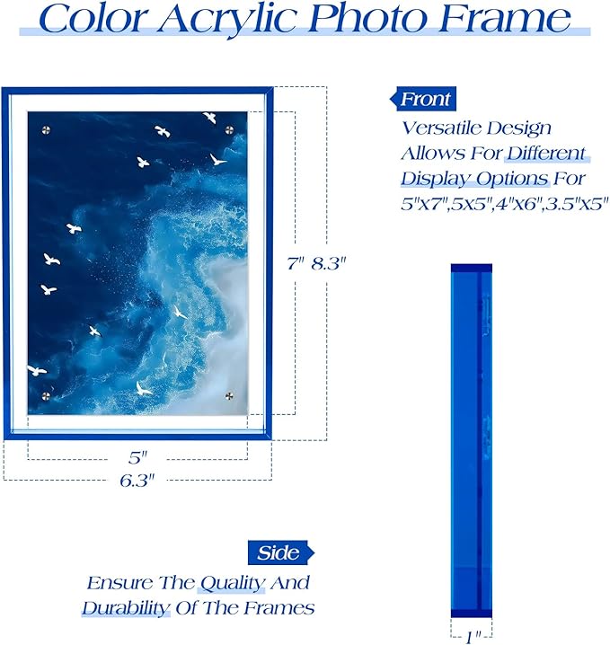 TWING 5x7 Picture Frame, Acrylic Photo Frame Self Standing Magnetic Color Floating Picture Frame Use as 5x7, 5x5, 4x6 - Horizontal and Vertical Formats for Wall and Tabletop Display, Blue, 1 Pack