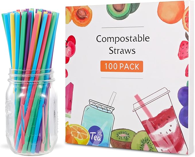 [100 Pcs] Biodegradable Compostable Disposable Colorful Straws - PLA Plant Based Drinking Straws for Juice Coffee Cocktail Cold Drinks (8.25" LongX0.23" Wide)