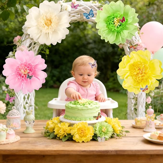 SUNBEAUTY 4 PCS Pastel Paper Flower Decorations 3D Butterflies Stickers Crepe Large Paper Flowers Tissue Paper Flowers for Wall Spring Garden Birthday Baby Shower Tea Easter Party Classroom Wedding