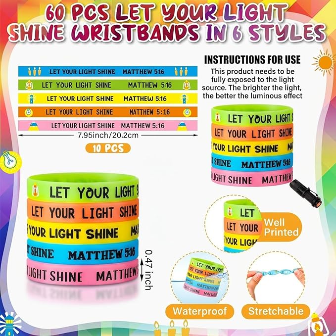 100 Pcs Let Your Light Shine Bracelet Christian Glow in the Dark Wristband, MATTHEW 5: 16 Silicone Wristband Halloween Trunk Or Treat Bible Verse Bulk for Church Sunday School Party Favors