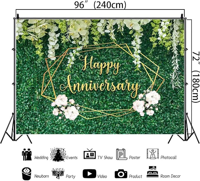 Happy Anniversary Backdrop Green Leaves Wall Couple Wedding Photography Background Floral Happy Anniversary Party Decoration Banner 8×6Ft