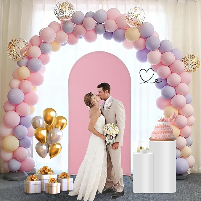 Gawicpy Wedding Arch Backdrop Stand Set Metal Arch Backdrop Stand with Wedding Arch Cover, Wedding Balloon Arch Backdrop Stand for Birthday, Baby Shower, Anniversary (Pink, 5.9FT+6.6FT+7.2FT)