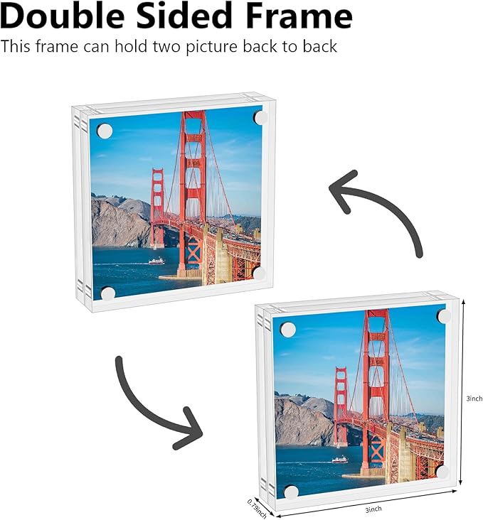 Mini Picture Frame 3x3 inch Acrylic Magnetic Photo Card Frame 20mm Thick Double SidedDesktop Display Frames for Cards Photos Office Home Decor 2 PCS