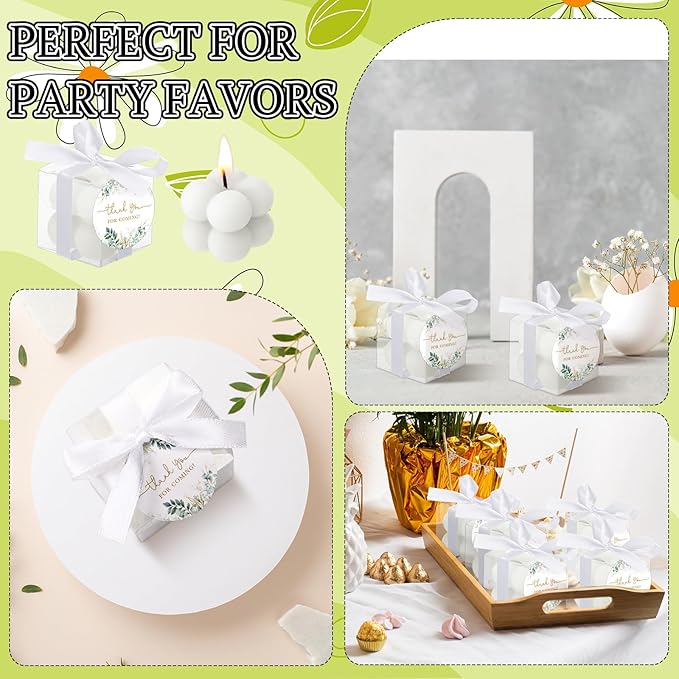 MTLEE 24 Sets Greenery Wedding Favors Party Candle Small Bubble Candle Favors for Guests Tea Candles Bulk with Stylish Ribbons Cards Gifts for Bridal Shower(White, Leaves)