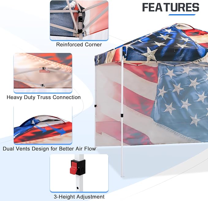 EAGLE PEAK Commercial Canopy 10x10 Pop Up Canopy Tent with 1 Sidewall, Easy Setup Heavy Duty Instant Event Shelter for Vendors & Markets, Outdoor Sun Shade, Stars and Stripes