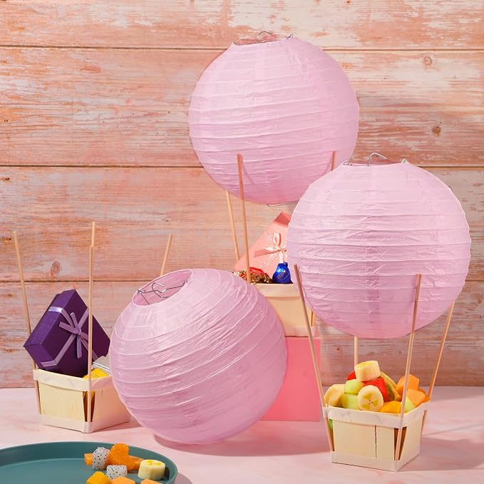 Namalu 24 Set Hot Air Balloon Table Centerpieces Baby Shower Party Decoration Paper Lanterns with Wooden Basket Sticks for Summer Birthday School DIY Craft(Light Pink)