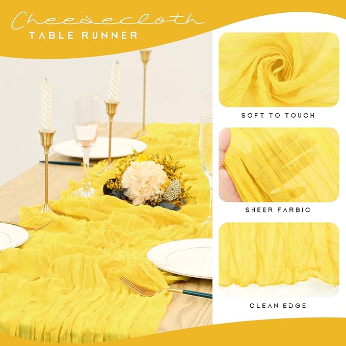 12 Pack Cheesecloth Table Runner 35 x 120 inch Long Boho Cheese Cloth Gauze Table Runners Semi Sheer Table Runner for Wedding Decor, Bridal Shower, Birthday Party (Yellow)