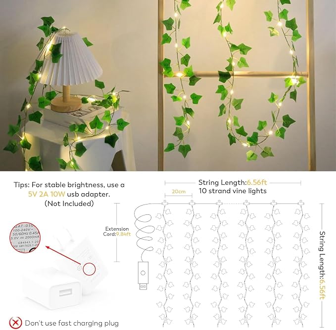 A.bigwhale Vines Lights for Bedroom, 6.5ft x 6.5ft Ivy Garland with 200 LED Vine Artificial Fairy Lights Curtain 8 Modes, USB Hanging Vine Lights for Wedding Window Wall Party Christmas Decoration