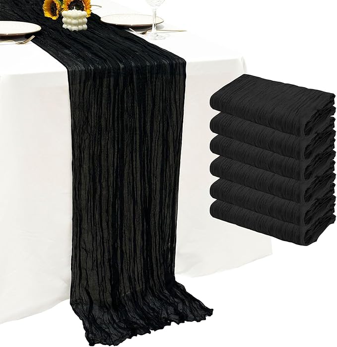 6Pack Black Cheesecloth Table Runner 10Ft Gauze Table Runner Black Cheese Cloth Table Runners Long Sheer Fabric Tablerunners for Wedding Party Bridal Shower Thanksgiving Christmas