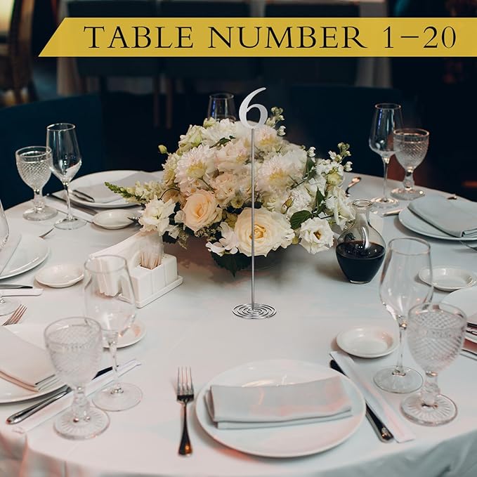 Therwen 20 Pcs Metal Table Numbers 1-20 Table Numbers for Wedding Reception 12 Inch Stainless Steel Party Desk Figure with Sturdy Holder Base for Banquet Wedding Party Event Catering(Silver)
