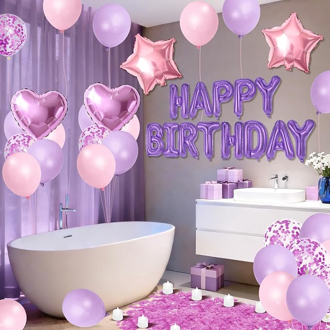 Purple Pink Happy Birthday Balloons Decorations Pink Purple Birthday Balloon Letters Banner with Star Heart Balloon 1000 Pcs Artificial Rose Petals 24 Flameless LED Candles for Birthday Party Supplies