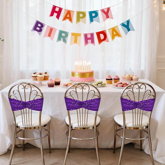 SquarePie Sequin Chair Sashes Bows 10 Pack Purple Shiny Chair Cover Bands for Wedding Banquet Party Decor