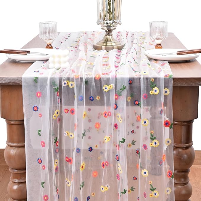 Joanlody Ivory Summer Flower Table Runner 10ft Embroidery Daisy Floral Seasonal Tulle Table Runner for Home Garden Tea Party Holiday Birthday Decoration