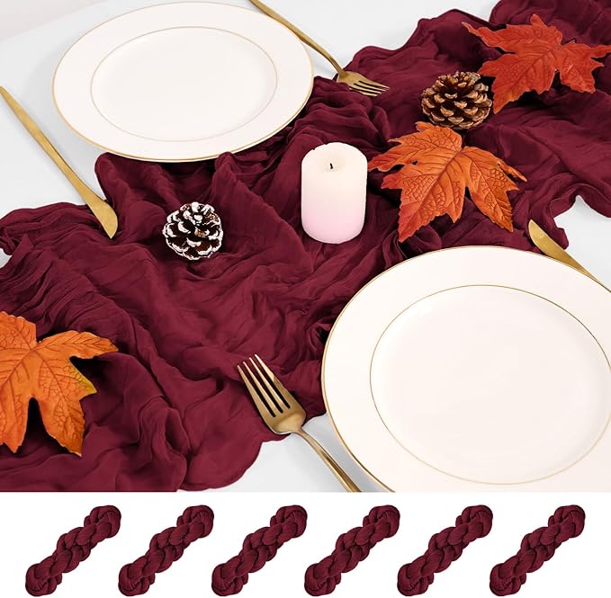 6 Pack Cheesecloth Table Runner,Burgundy Table Runner Long Romantic Semi Sheer Rustic Boho Gauze Table Runners for Wedding Bridal Shower Birthday Party Decorations(17.7×108 Inch)