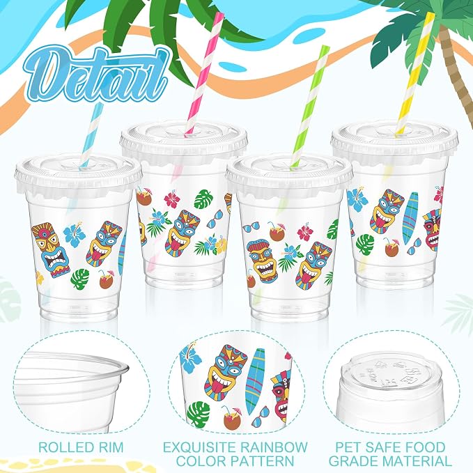 FoldTier Hawaiian Party Decorations Cups 12 oz Luau Party Decorations Plastic Cold Drinks Tiki Cups Clear Disposable with Lids Straws for Summer Holiday Tropical Supplies