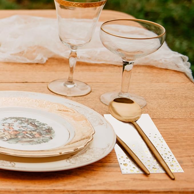 Stylish Gold Dinner Napkins, Disposable White and Gold Napkins, 100 Heart Napkins, 7.5 x 4.25 Inch Wedding Napkins for Reception, 3-Ply Gold Paper Dinner Napkins for Wedding Reception
