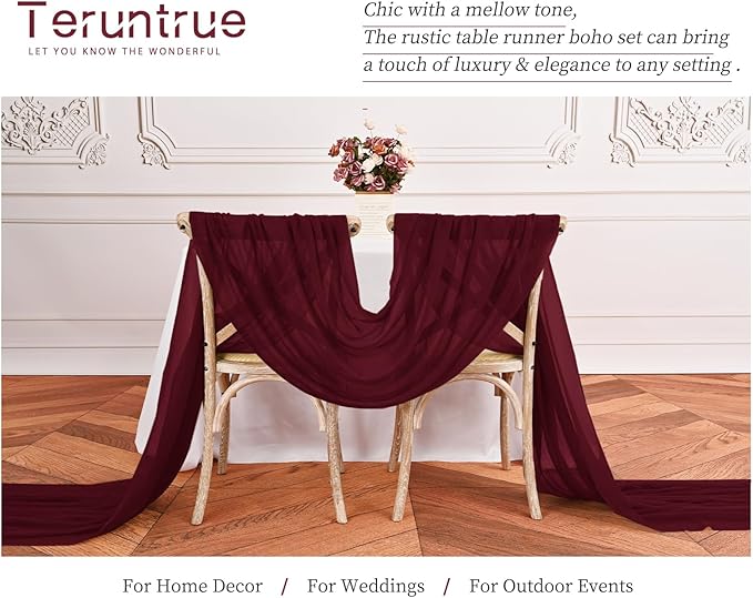 Teruntrue 24 Packs Burgundy Cheesecloth Table Runner,10ft Wine Red Rustic Gauze Boho Wedding Table Runner Decoration, Wedding Table Decor Sheer Table Runner for Wedding Party Bridal Shower Table