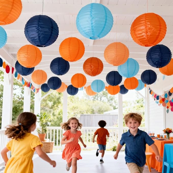 Orange and Blue Paper Lanterns 12Pcs Hanging Lantern for Birthday Party, Wedding, Home Decor, Baby Shower Festive Decoration