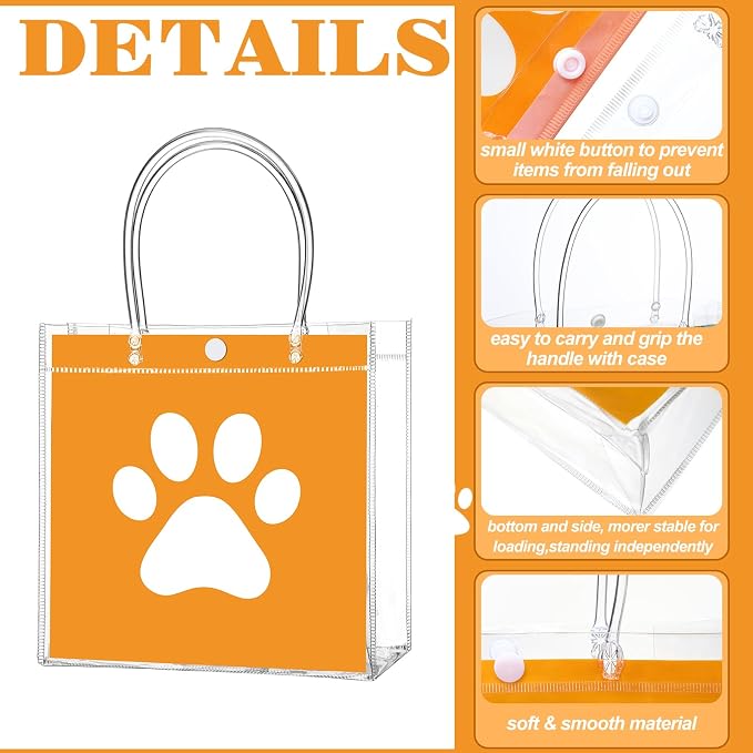 Teenyyou 24 Pcs Dog Paw Clear PVC Gift Bags with Handle Puppy Party Favor Reusable Plastic Wrap Tote Goodie Candy Treat Gift Bags Transparent for Puppy Pet Theme Birthday Party Supplies