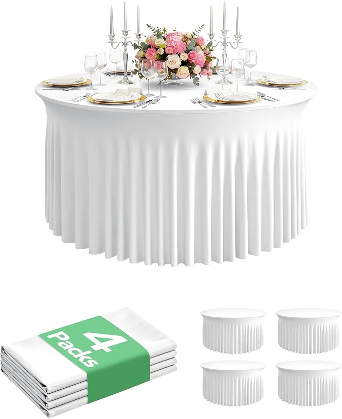4 Pack Spandex Table Cover Skirts for 72 inch Round Tables, White Stretch Table Cloths with Floor-Length Ruffle, Elastic Fitted Skirted Tablecloth for Elegant Wedding Banquet Party Buffet Decoration