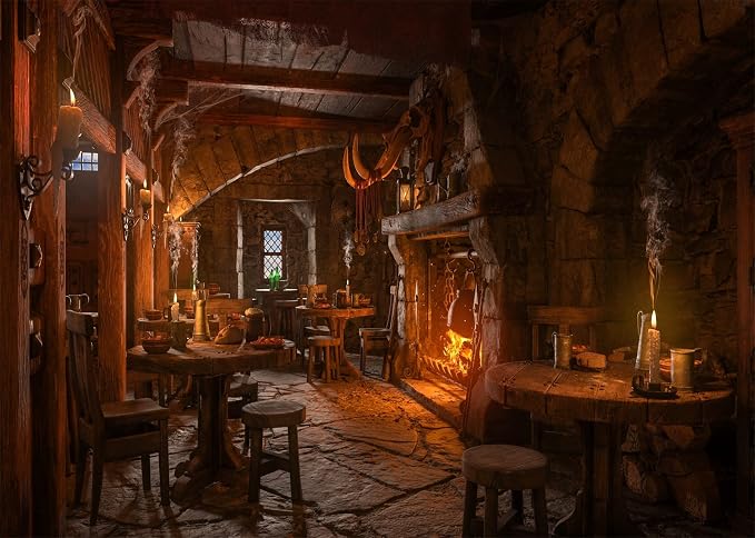 BELECO 12x8ft Fabric Medieval Tavern Backdrop for Photography Wooden Interior Candle Light Fireplace Ancient Tavern Inn Bar Restaurant Background for Party Decorations Photo Booth Studio Props