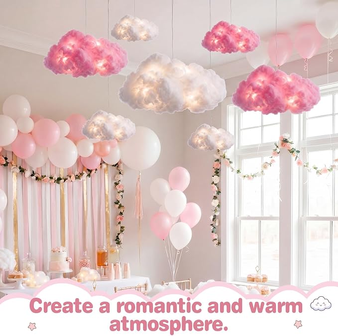 Lewtemi 8 Pcs Artificial Cloud Props with Lights 3D Fluffy Cotton Clouds Decorations 2 Sizes Hanging Clouds with Strings Hooks for Ceiling Room Wedding Party Classroom DIY Kit (White and Pink)
