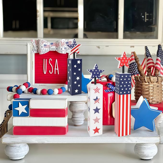 COCHIE 4th of July Decorations Set, Red White Blue Decor, Wooden Patriotic Memorial Day Tiered Tray Decor, Labor Day Decorations, Fourth of July Decoration for Home Office Table (Flag Cute)