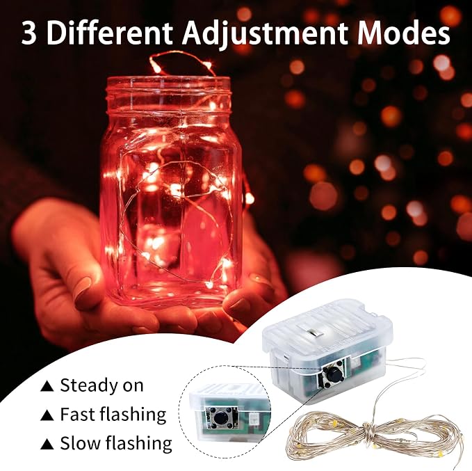 24 Pack Red Fairy Lights 7Ft 20 LED Twinkle String Lights 3 Modes Battery Operated Waterproof Firefly Starry for Mason Jar Party Table Centerpieces Halloween Christmas Valentines Day
