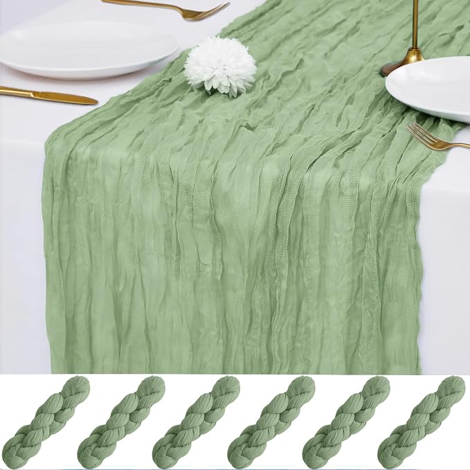 6 Pack Sage Green Cheesecloth Table Runner 21x120 Inches, Boho Gauze Rustic Semi Sheer Cheese Cloth Table Runners for Easter Wedding Bridal Baby Shower, Birthday Party, Long Farmhouse Table Decor