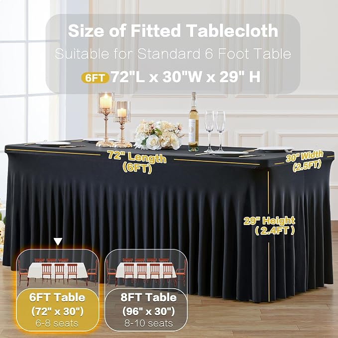 gogoparti 8 Pack Spandex Black Fitted Table Cloth for 6ft Rectangle Tables Black Stretch Tablecloth Table Covers Skirt Banquet Wrinkle Free Tablecloths for Parties Wedding