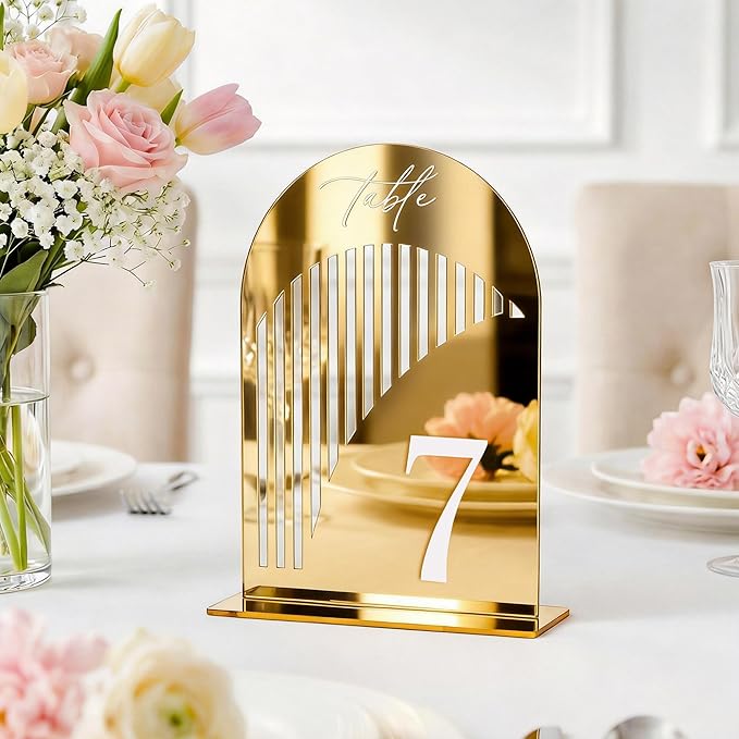 Gold Mirror Arch Wedding Table Numbers 1-15 w/Stand, Gold Mirror 5.5" x 7” Arch Acrylic Signs with Holders, Table Numbers for Wedding Reception, Centerpiece, Anniversary, Party, Event