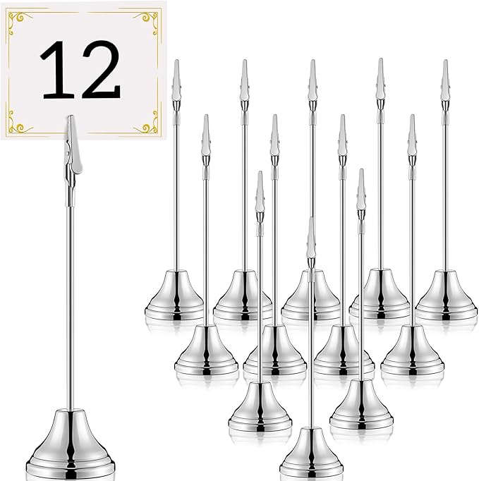Skyygemm 12 Pcs Table Number Holders 8 Inch Place Card Holder with Alligator Clip Metal Table Card Holders Table Number Stands Table Sign Holders for Photos, Food Signs, Birthdays, Weddings (Silver)