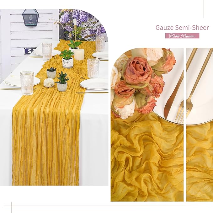 Showgeous 6 Pack Mustard Cheesecloth Table Runner Gauze Table Runner 10FT Long Semi-Sheer Table Runner Boho or Rustic Wedding Table Decor for Wedding Decor Arch Draping Bridal Shower Holiday Party