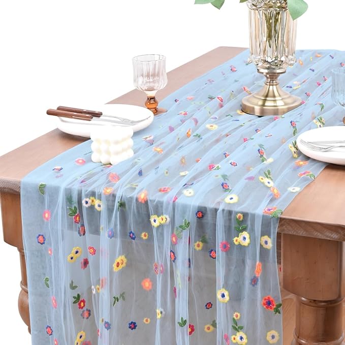Joanlody Blue Summer Flower Table Runner 10ft Embroidery Daisy Floral Seasonal Tulle Table Runner for Home Garden Tea Party Holiday Birthday Decoration